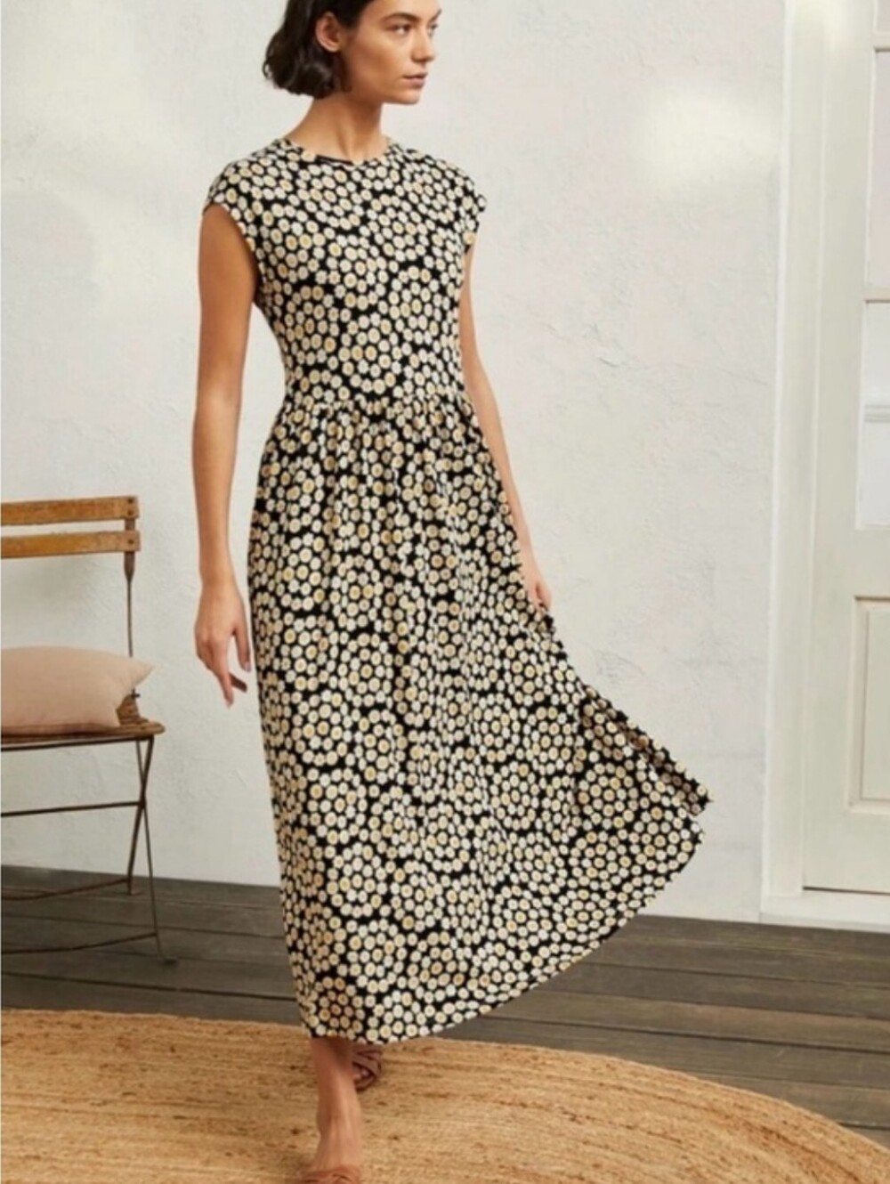 Boden Black Midi Dress with Cream Daisy Pattern